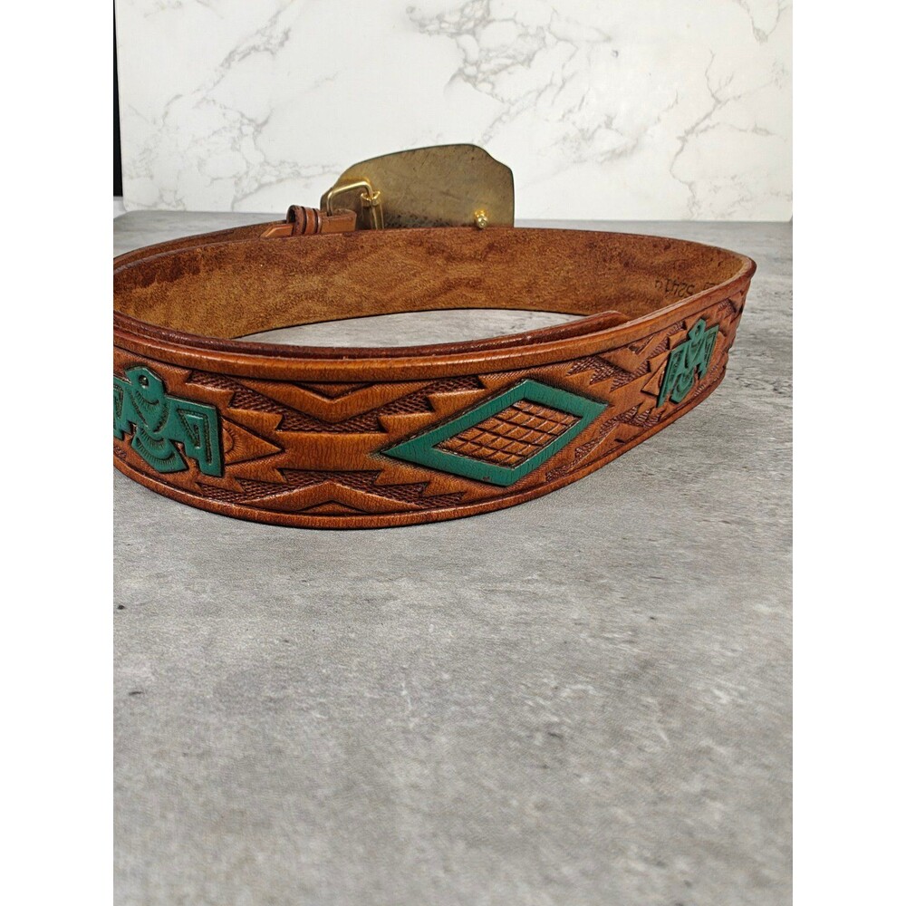 Vintage Tooled Leather Western Belt 34" W/ Statue Of Liberty Centennial Buckle - Picture 4 of 9